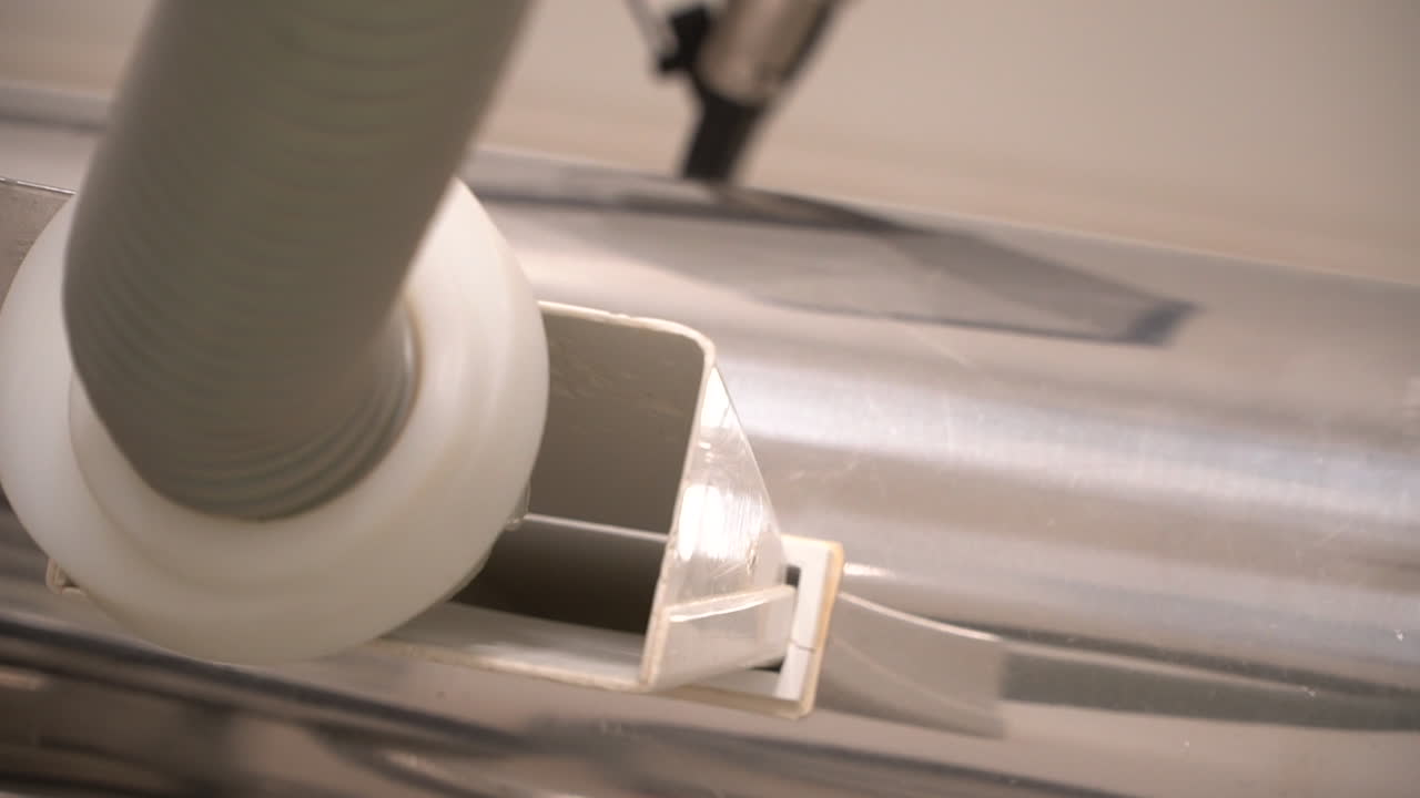 Round medicine drug pills fall down tube into vacuum machine inlet, close up