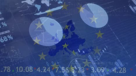 Animation-Verschiedener-Finanzdaten-Und-Grafiken-über-Der-Flagge-Der-Europäischen-Union-Und-Der-Weltkarte