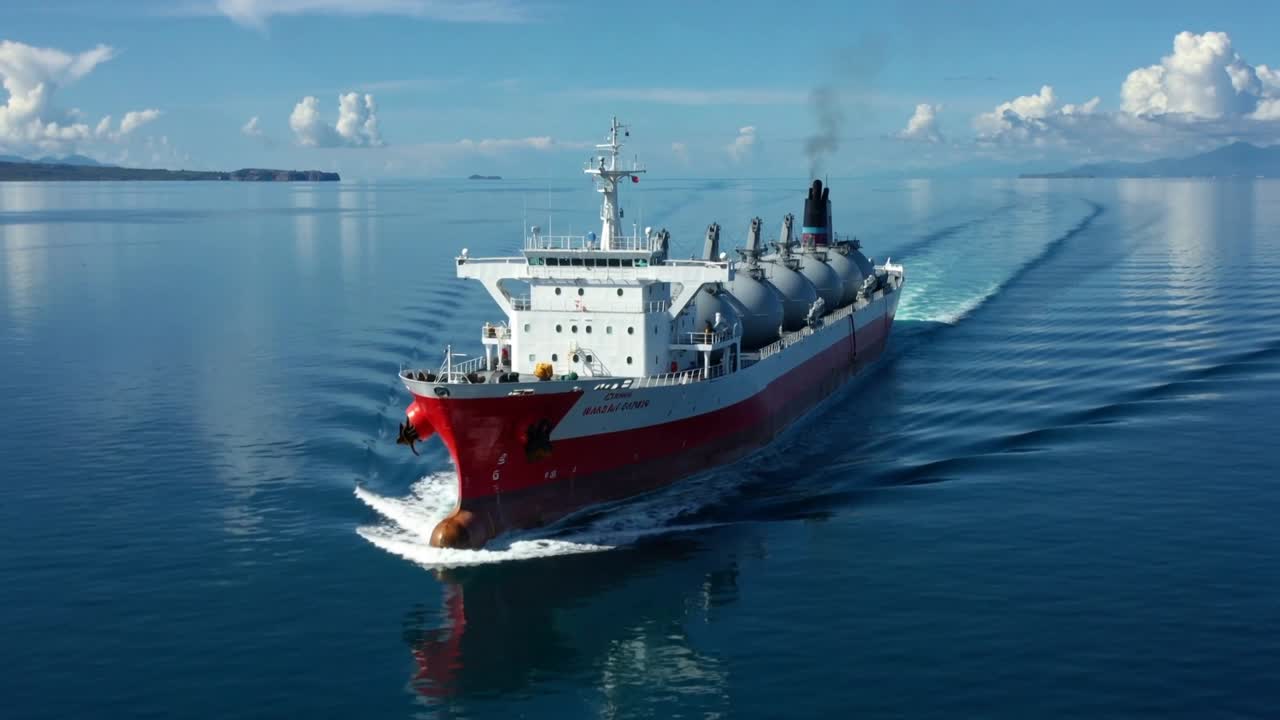 Portador rojo acercándose con tanques de gas avanzando para el tránsito costero hacia la cámara, la cámara haciendo zoom.