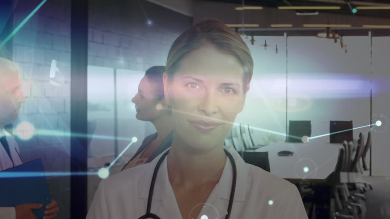 Animação de conexões sobre médica caucasiana feliz