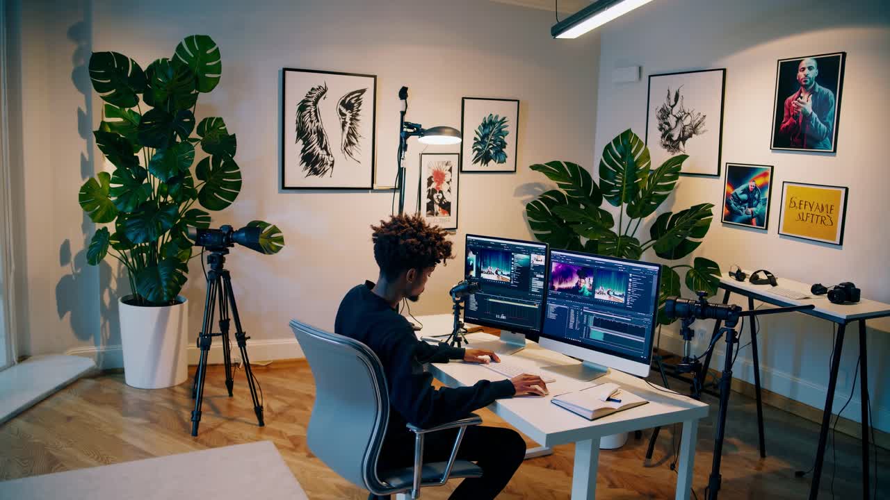 Modern workspace with a creative vibe, captured from a high angle. A person edits video on dual
