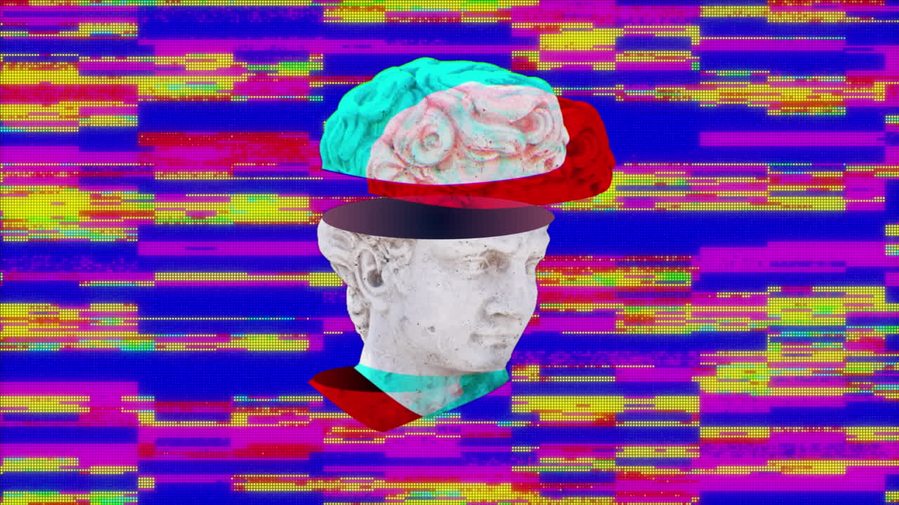 Animazione di scultura di testa antica sezionata con effetto glitch su sfondo multicolore