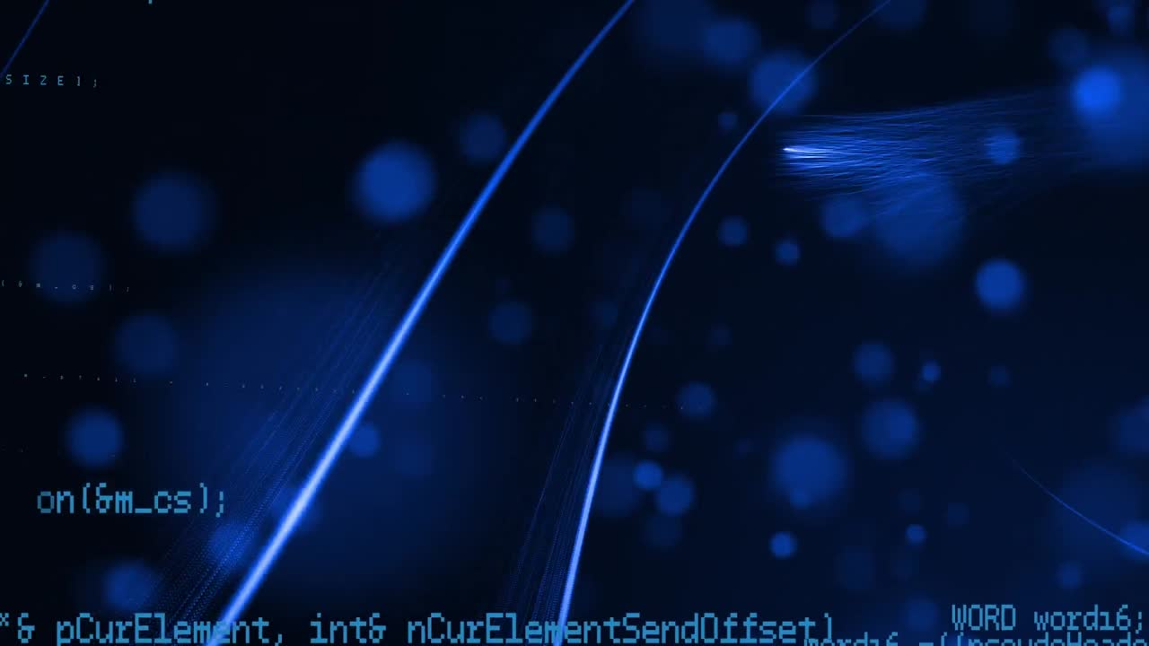 Animation of blue lights over data processing on black background
