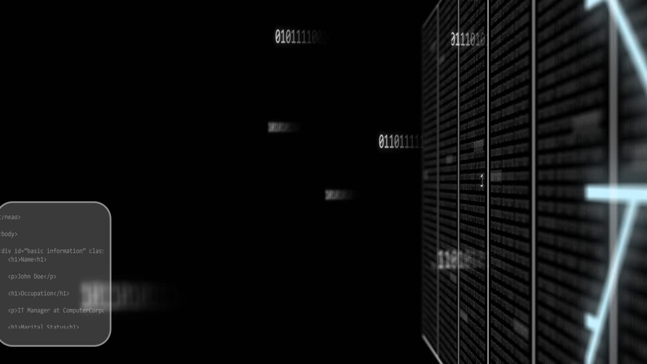 Animation of interface screens processing data and network transferring data on black background