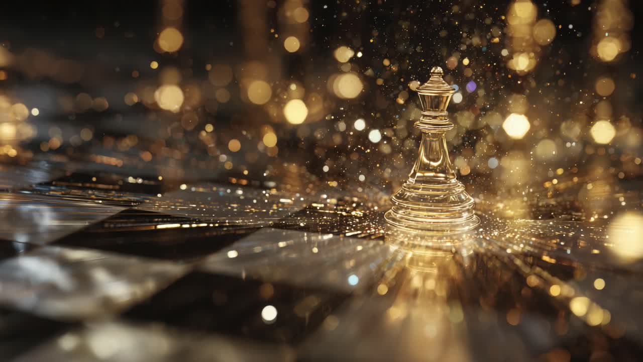 Majestic glass queen chess piece standing on a reflective checkerboard, surrounded by a magical whirlwind of golden glitter, bokeh lights, and sparkling particles in a cinematic slow motion