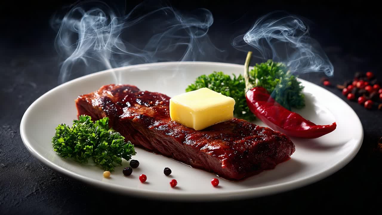 Delicious Grilled Steak with Butter and Herbs on a Plate Garnished with Fresh Chili Peppers and Green Parsley, Surrounded by Aromatic Smoke