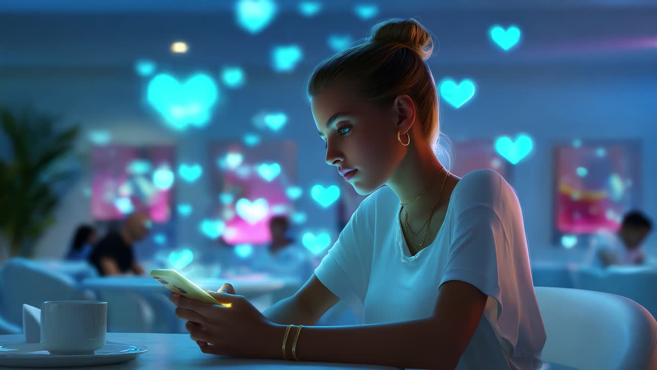 In a serene and beautifully illuminated space, a young woman gazes intently at her phone, surrounded by floating heart-shaped lights that create a whimsical and romantic atmosphere, enhancing her focused demeanor