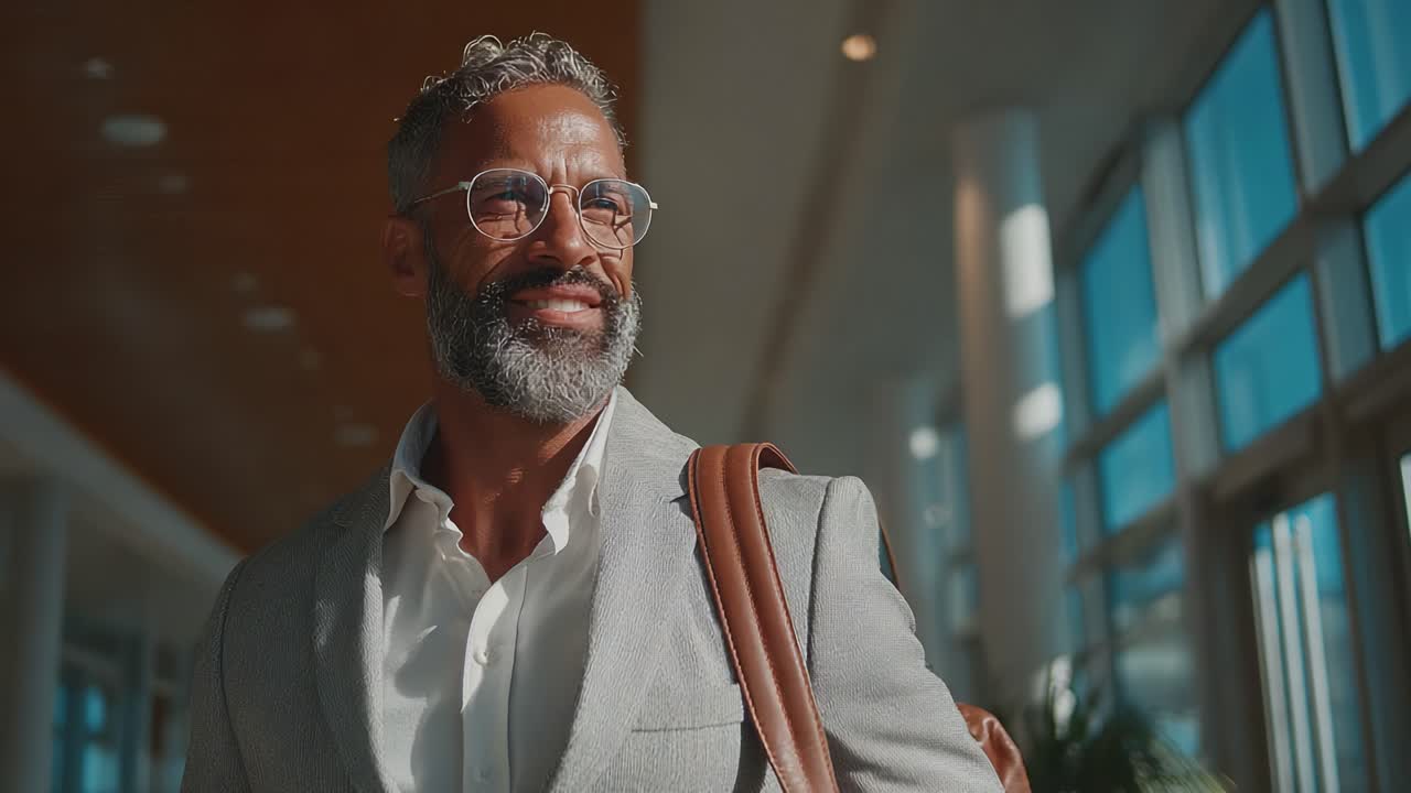 A Confident Businessman Exudes Charm and Style While Walking Through a Modern Airport Terminal, Radiating Positivity and Professionalism in Every Step