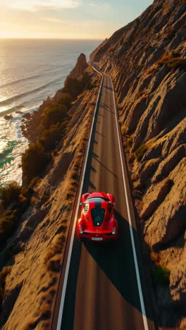 red sports car on scenic coastal road at sunset