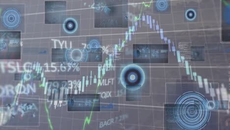 Animation-of-round-scanners,-financial-and-stock-market-data-processing-over-view-of-cityscape