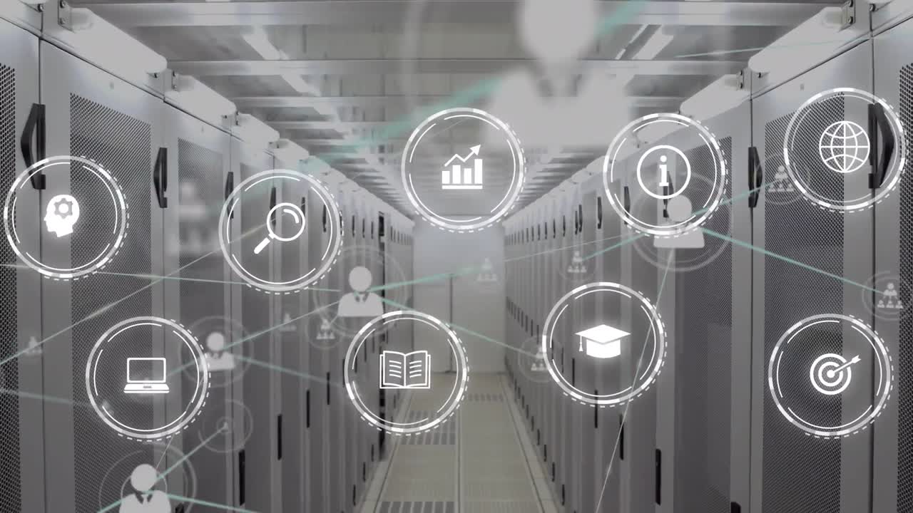Animation of connections with icons over computer servers