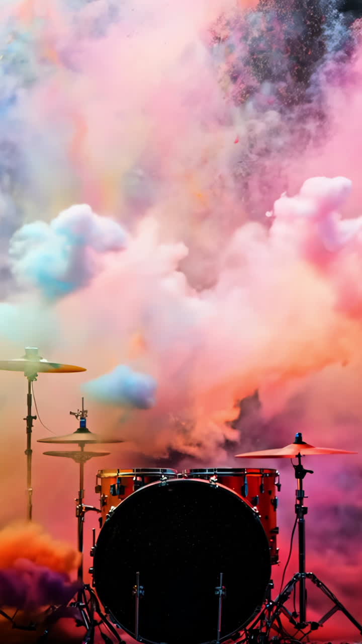 A colorful explosion of smoke and dust with a drum set in the middle. The drum set is surrounded by a cloud of colorful smoke, creating a dramatic and energetic atmosphere