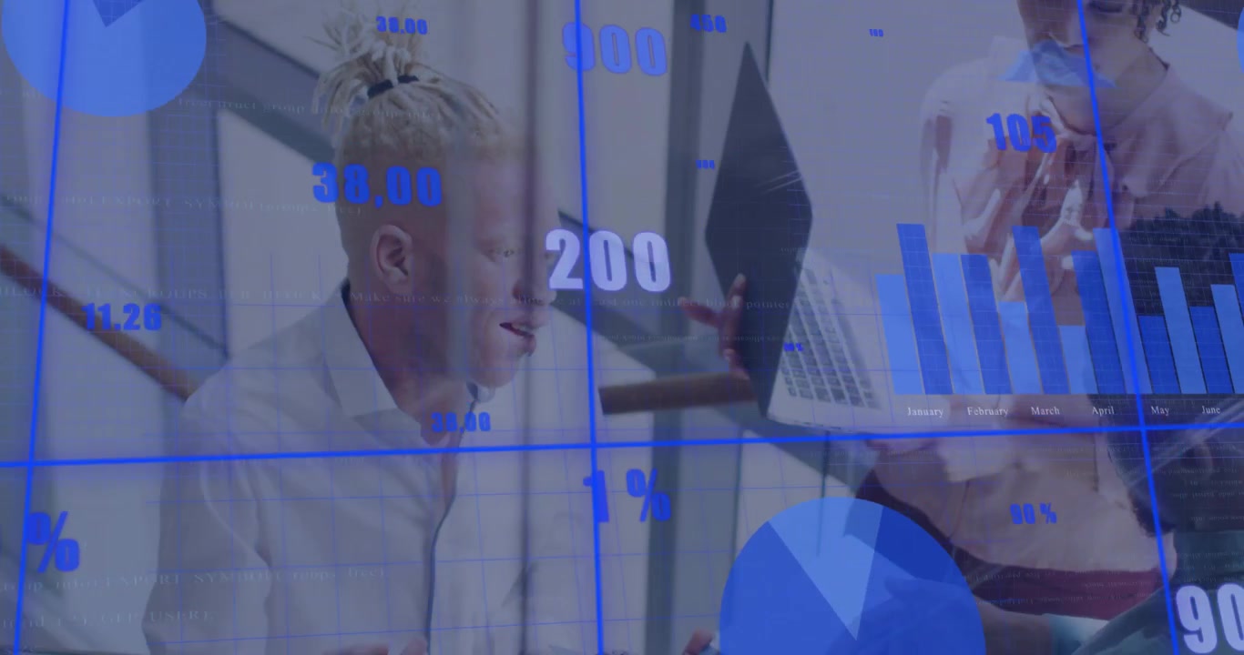 Team on stairwell, woman showing laptop causing analytics overlay animating across group for review