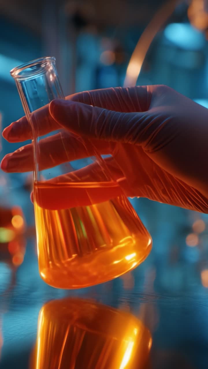 Una vista ravvicinata di una mano che tiene una beuta da laboratorio riempita con un liquido arancione vivace, mostrando i dettagli intricati della sperimentazione e analisi scientifica