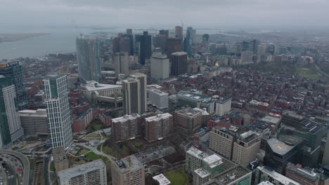Aerial-panoramic-footage-of-Hospital-complex-and-modern-high-rise-downtown-office-buildings.-Boston,-USA
