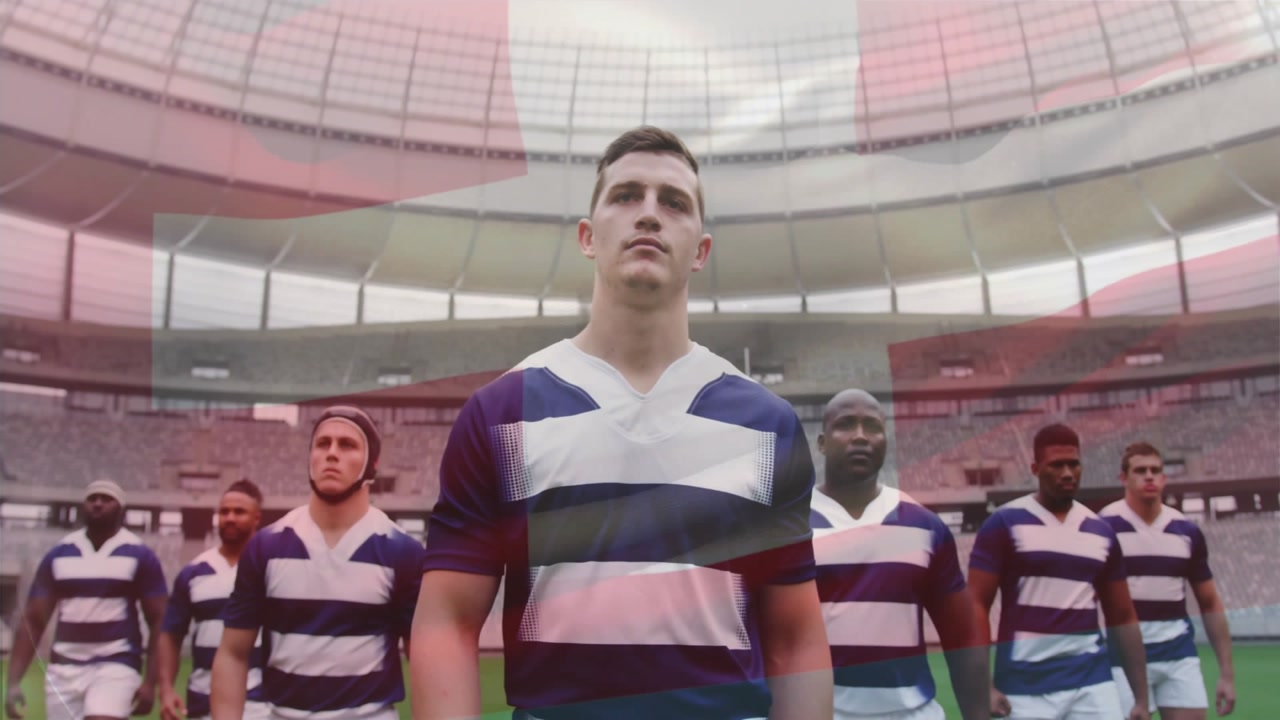 Animazione della bandiera della Svizzera su diversi giocatori di rugby in campo