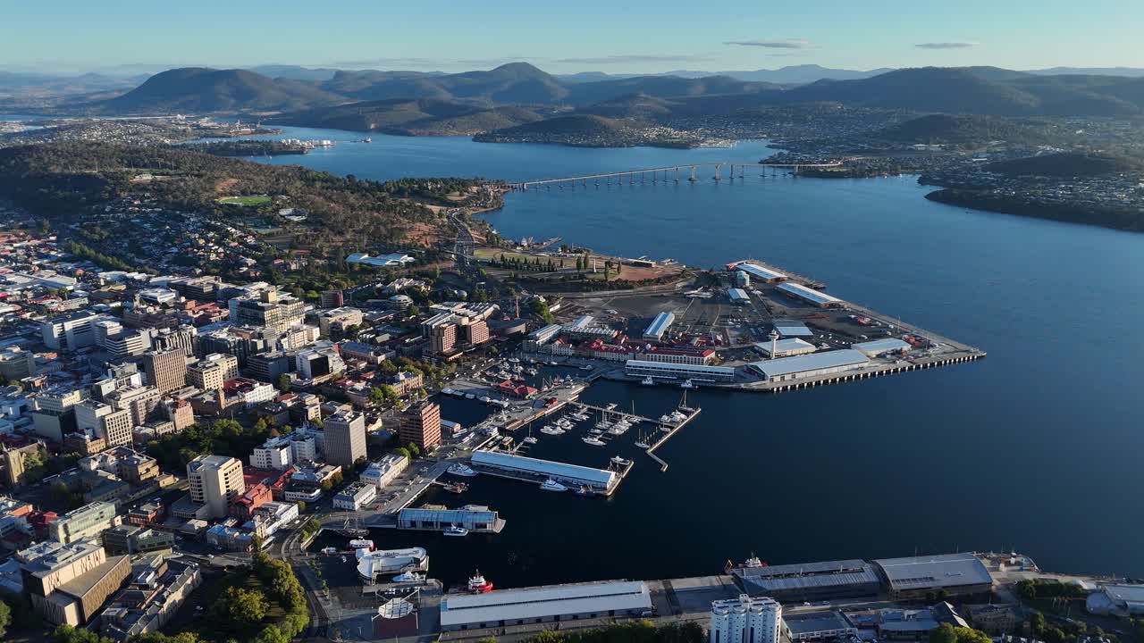 Stunning panoramic aerial views over Hobart city and the bay.