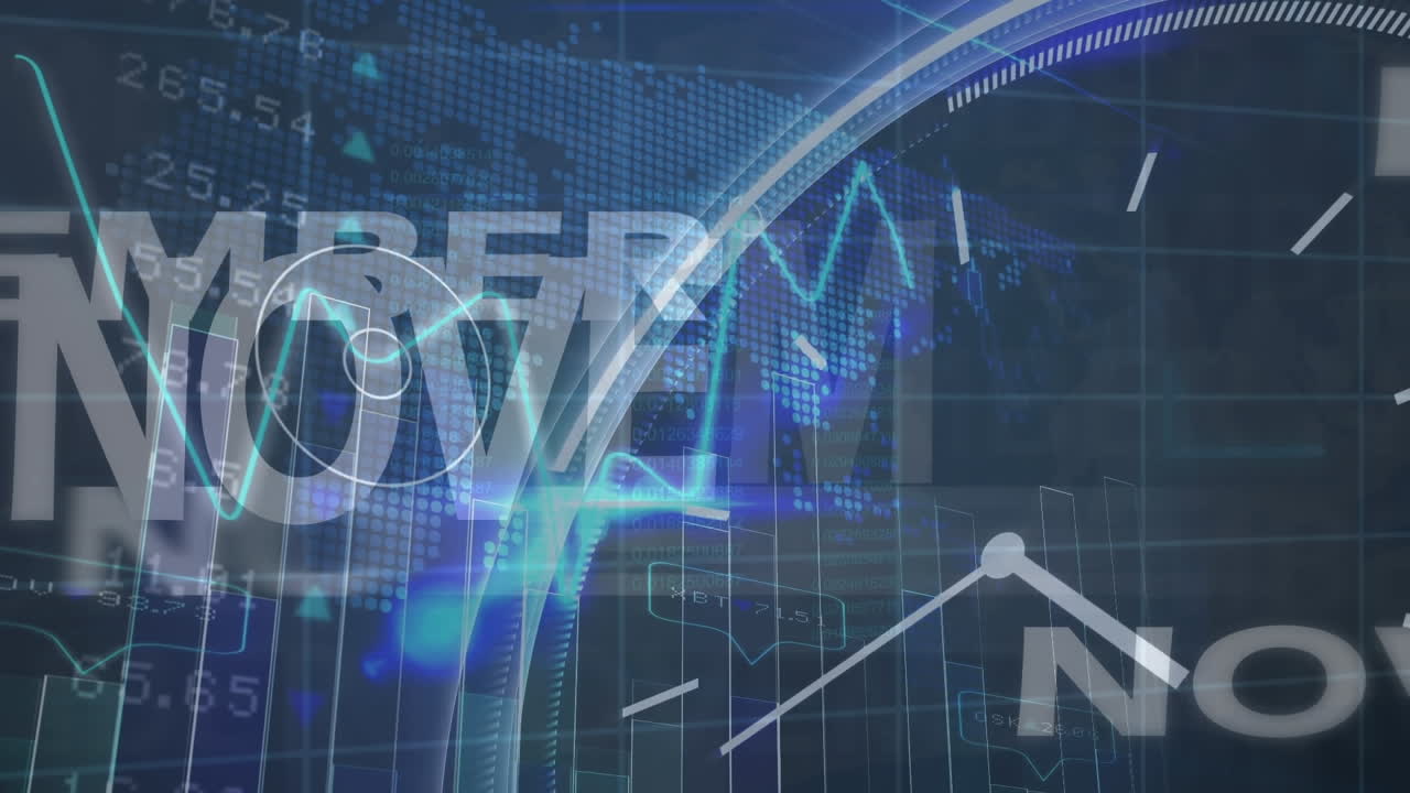 디지털 시계, 그래프, 음파, 숫자 및 지도에 대한 11 월 텍스트의 애니메이션