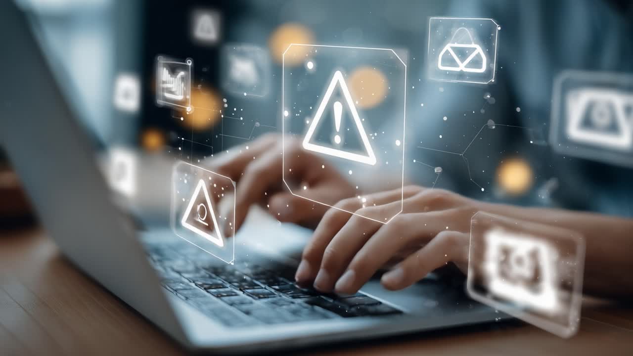 Enhancing Digital Awareness: A Close-Up Look at a User Engaging with Warning Notifications on Their Laptop in a Modern Workspace Environment