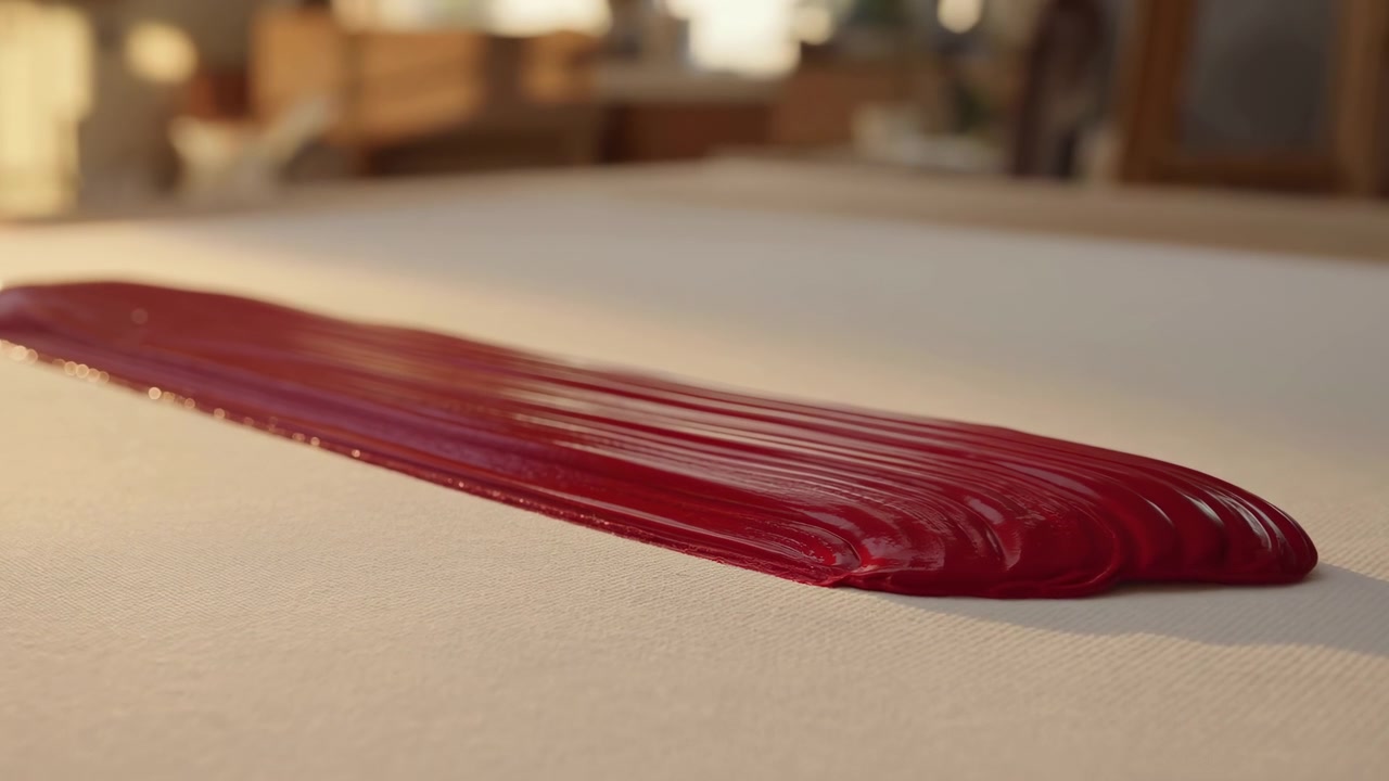 Close-up de baixo ângulo de uma pincelada de tinta carmesim brilhante sobre uma tela texturizada em tom off-white dentro de um estúdio de artista acolhedor, mostrando cristas úmidas, reflexos e ricos detalhes de superfície tátil.