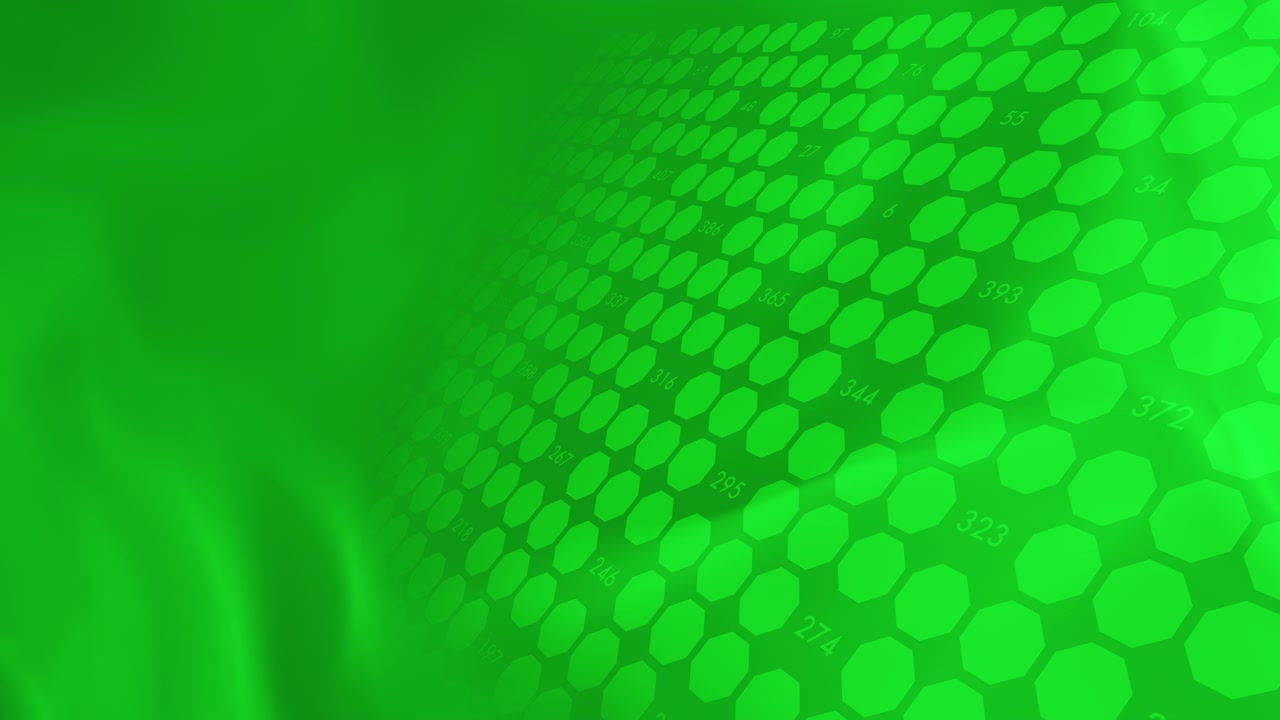 Matrice dinamica a griglia esagonale verde con numeri in movimento e dati analitici. Ideale per il tracciamento di criptovalute, statistiche fintech e visualizzazione di dati aziendali.