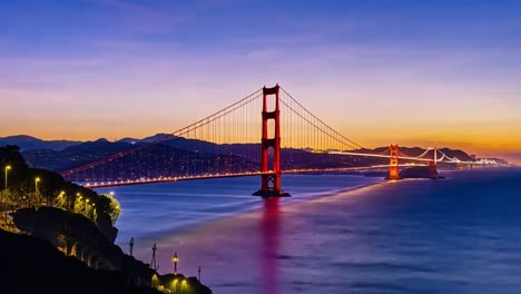 capturing the transition from a vibrant sunrise to a starlit sky over the golden gate bridge, with vivid colors reflecting on the water