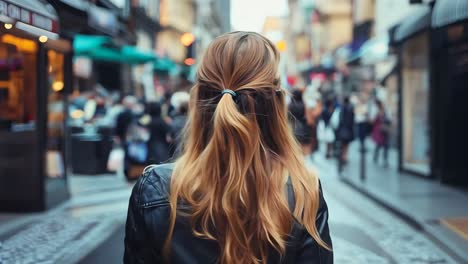 a woman with long blonde hair walking down a city street