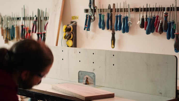 Man putting on protection gear while inserting plank in spindle moulder