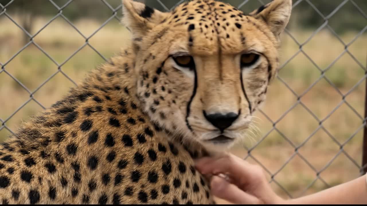 Close-up de uma mão humana acariciando um guepardo em um recinto
