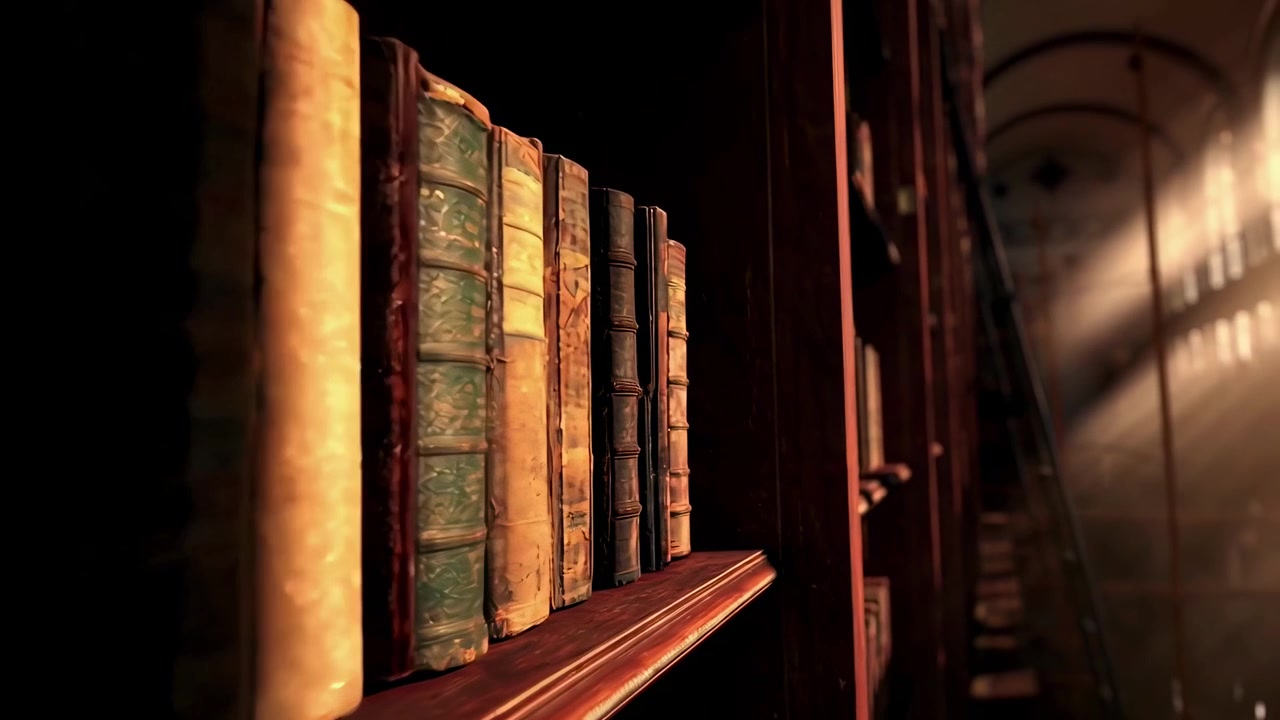 Panoramica di vecchi libri rilegati in pelle su uno scaffale in una biblioteca