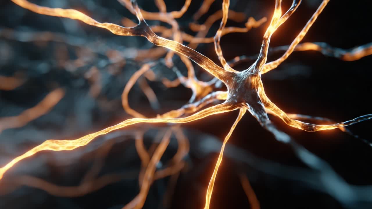 Digital animation of a neural network transmitting electric signals through nerve cells and synapses in the brain, representing neuroscience, learning, memory, and artificial intelligence