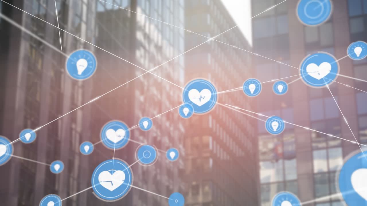 높은 건물과 맞물려 있는 디지털 아이콘 네트워크의 애니메이션