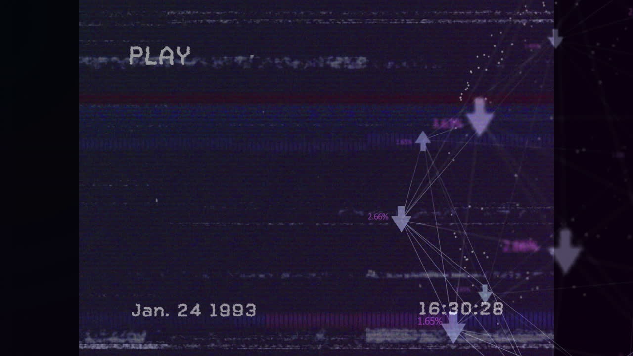 Animation of retro VHS-style screen with network connections and data points