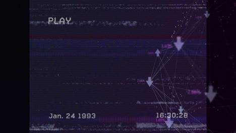 animation of retro vhs-style screen with network connections and data points