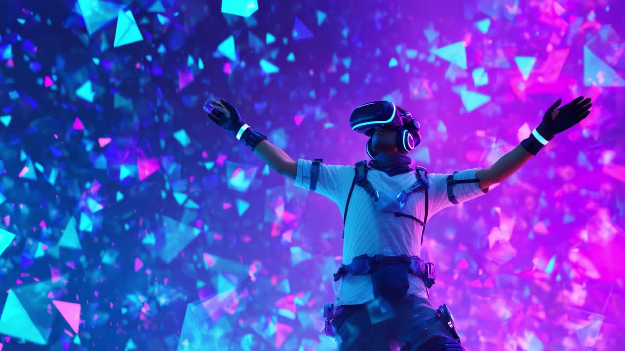 A person immersed in a vibrant virtual reality experience, surrounded by a colorful explosion of geometric shapes and an electrifying atmosphere of bright blue and purple lights