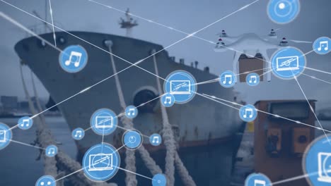 Network-of-digital-icons-and-drone-carrying-a-delivery-box-against-a-ship-in-the-sea