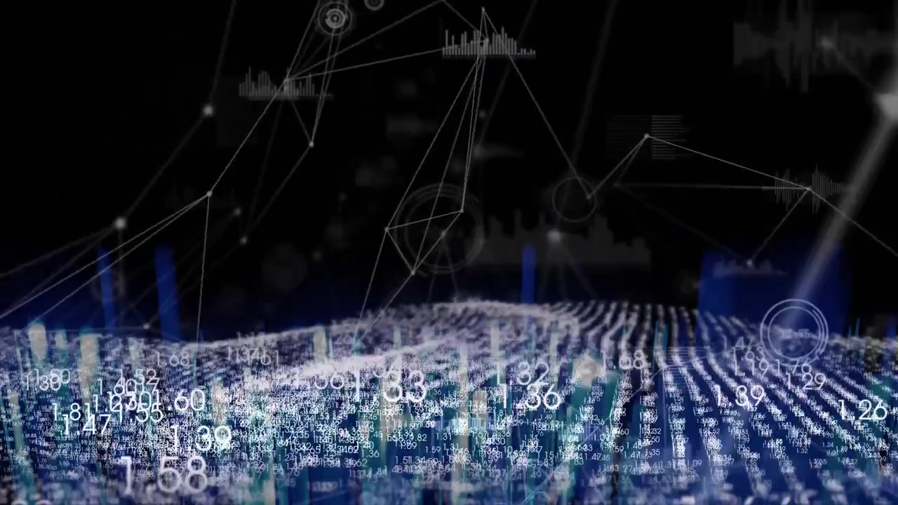 Glowing grid forming triggers network links as waves undulating labels updating data visualization