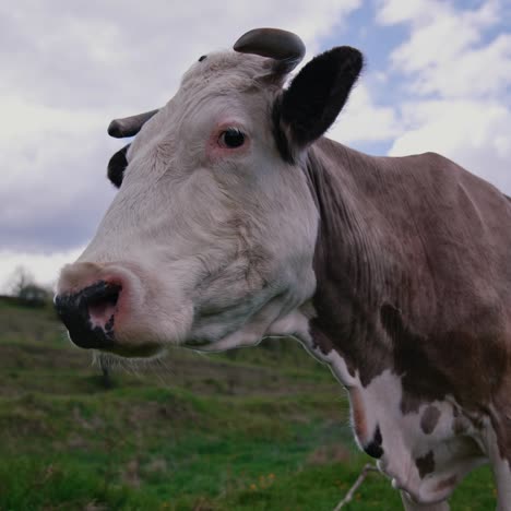 brown cow with horns on a meadow. beautiful milky cow standing on field on sky background. domestic animal on pasture in the evening