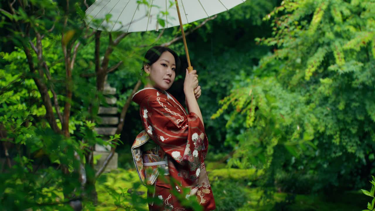 Woman in Traditional Japanese Kimono in a Garden