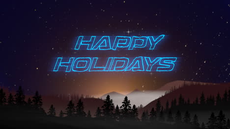 Starry-night-mountain-landscape-with-neon-Happy-Holidays-sign