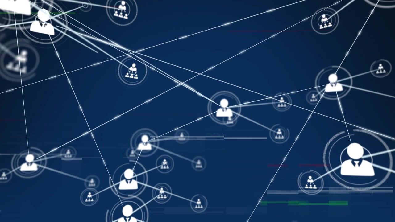 Animation of glitch effect over network of profile icons against blue background