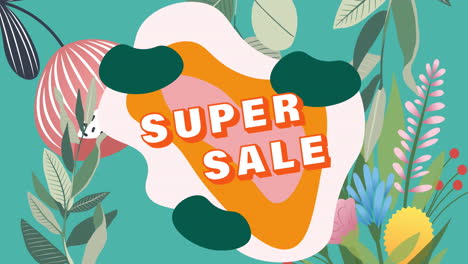 animación de texto de super venta sobre flores que se mueven en movimiento hipnótico sobre fondo verde