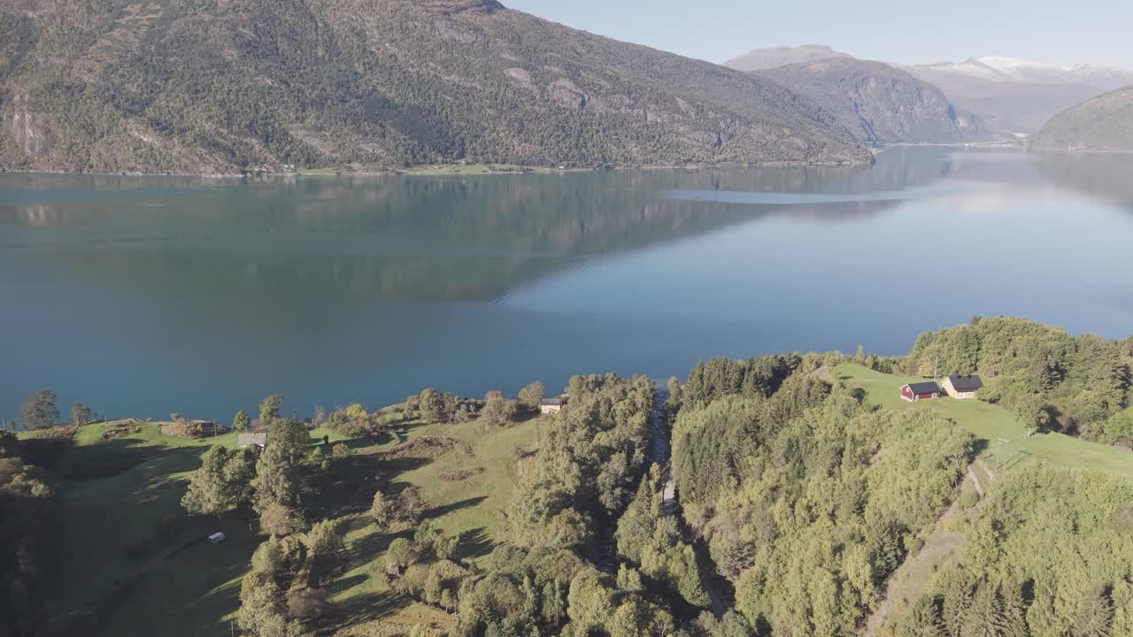 Drone footage of a Luster fjord in Norway and Jostedal glacier i a far
