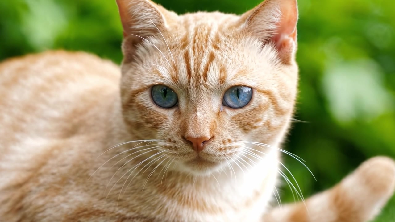 Un bellissimo ritratto di un magnifico gatto rosso, che mette in mostra i suoi sorprendenti occhi blu e le espressioni gentili su uno sfondo verde lussureggiante alla luce naturale.