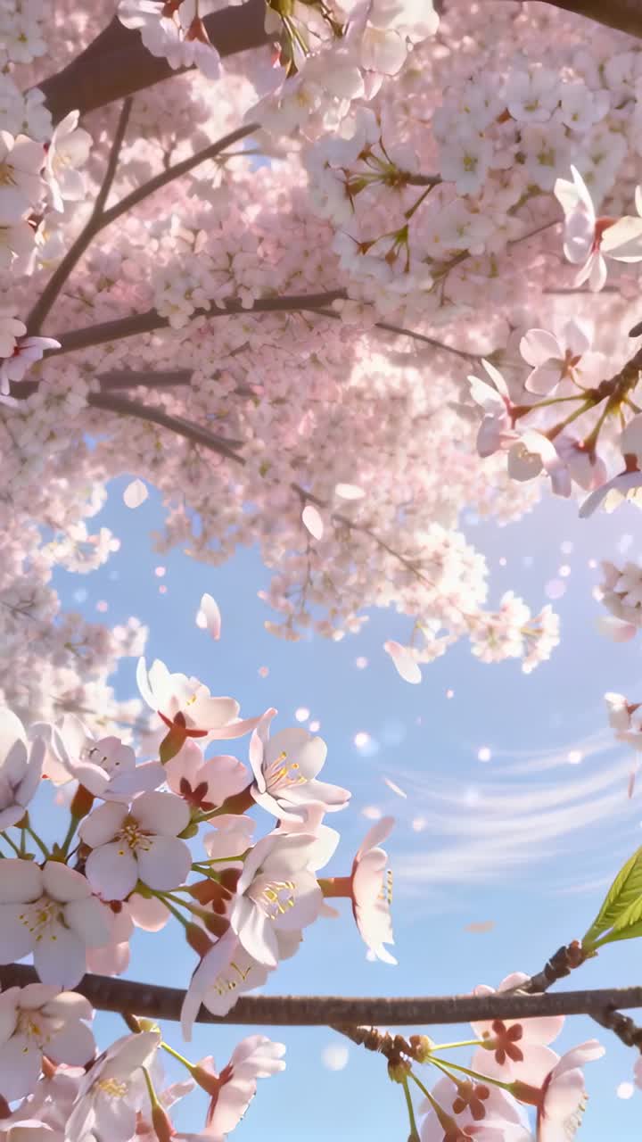 Video verticale: Sakura ondeggiante che rilascia petali sotto un cielo blu, il vento che stacca una singola foglia verde.