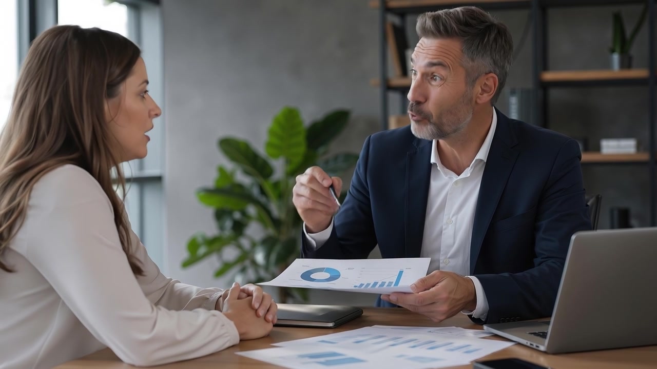 Business colleagues discussing financial charts and documents during a professional meeting in a modern office