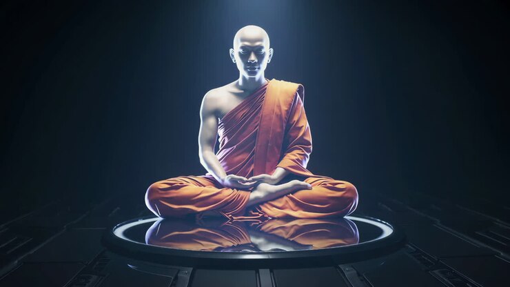 Render 3D di un monaco buddista in meditazione