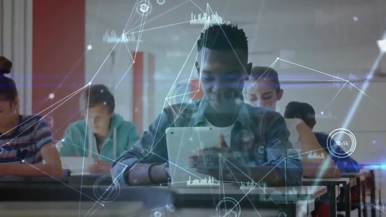 Network of connections against a students using tablets