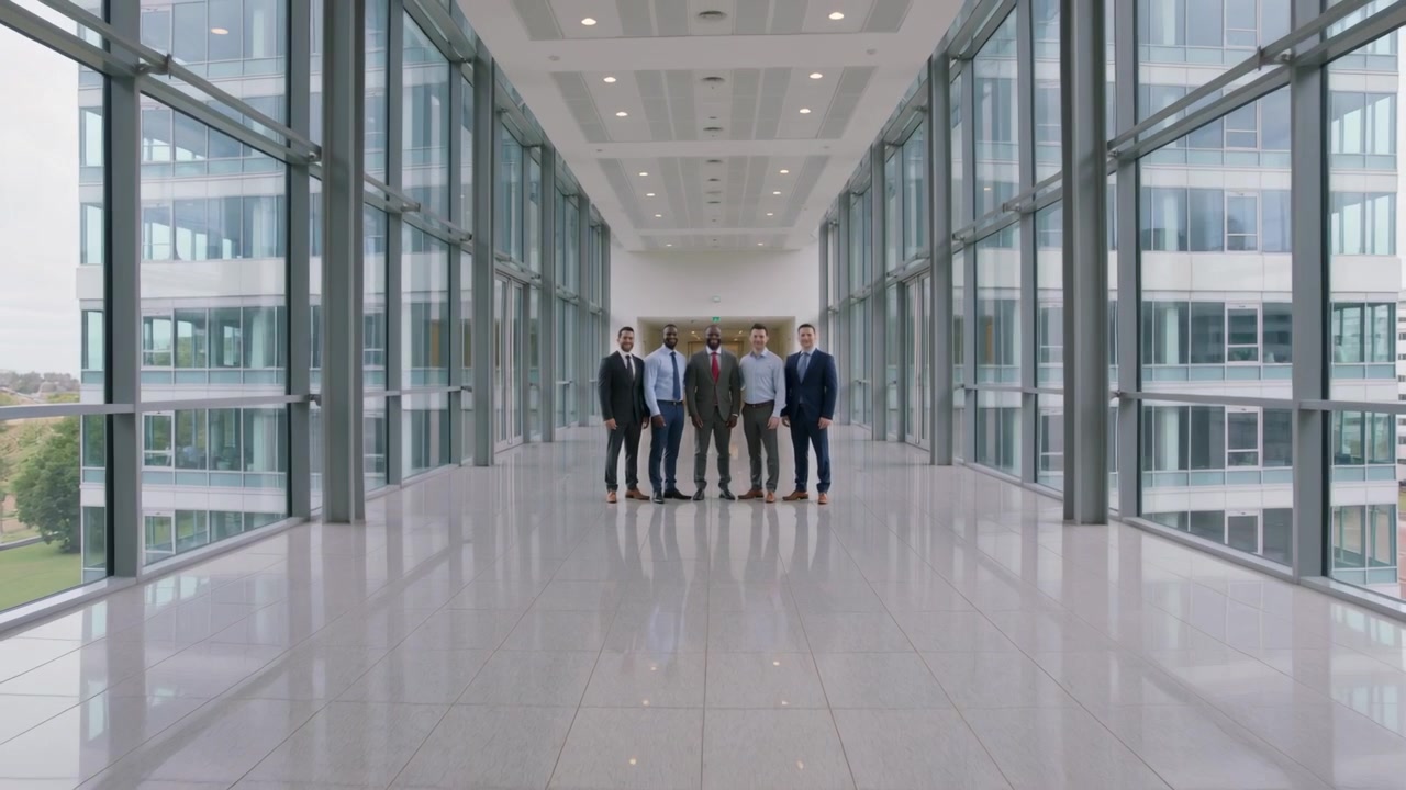 Cinco hombres en traje posando para un retrato en un puente acristalado, la cámara avanza mostrando las ventanas.