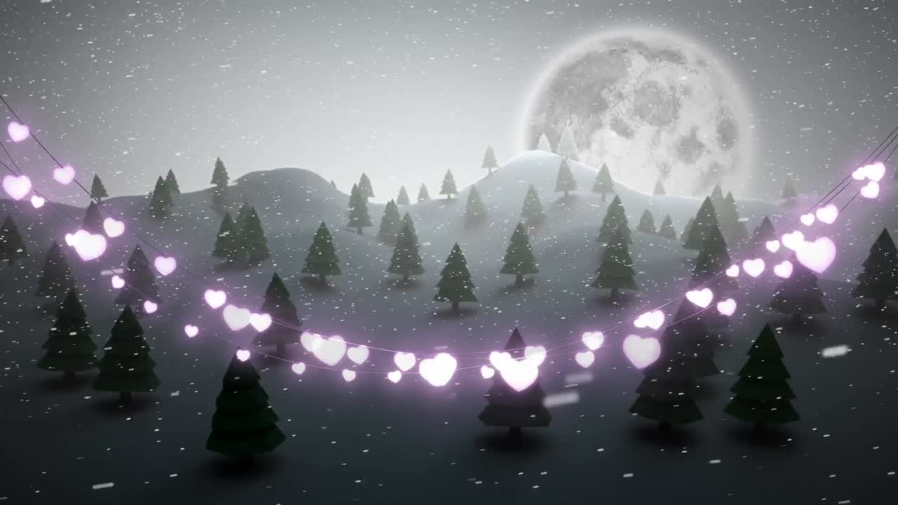 Decorazione luminosa di lucine a forma di cuore con neve che cade su un paesaggio invernale